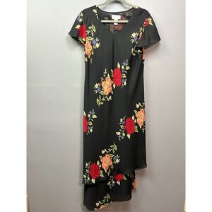 Studio C Maxi Dress Womens 14 Black Floral Flutter Sleeve Asymmetrical Chiffon